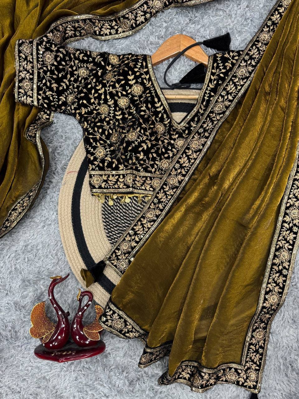 Women's Luxe Olive-Gold Silk Saree with Heavily Embellished Blouse & Border – Ideal for Evening, Wedding & Reception Wear - Image 8